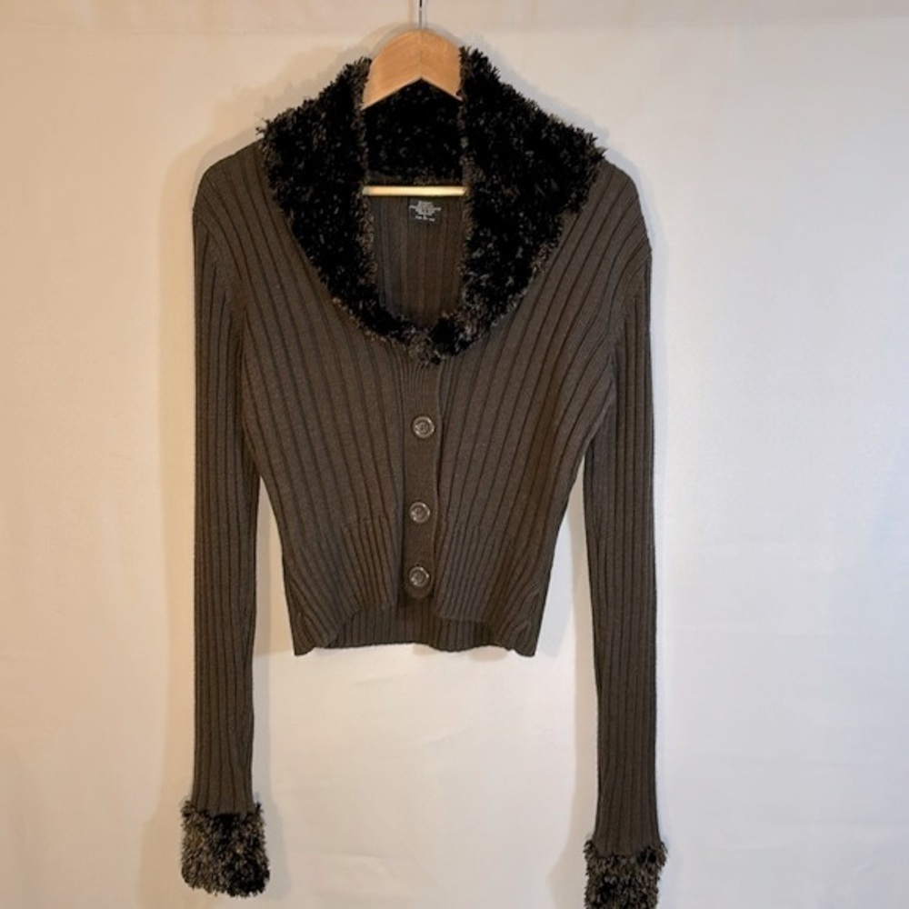52 Weekends Sweater Cardigan Womens Size L Knit Fury Trim Collar Sleeve Stretchy - Picture 13 of 13